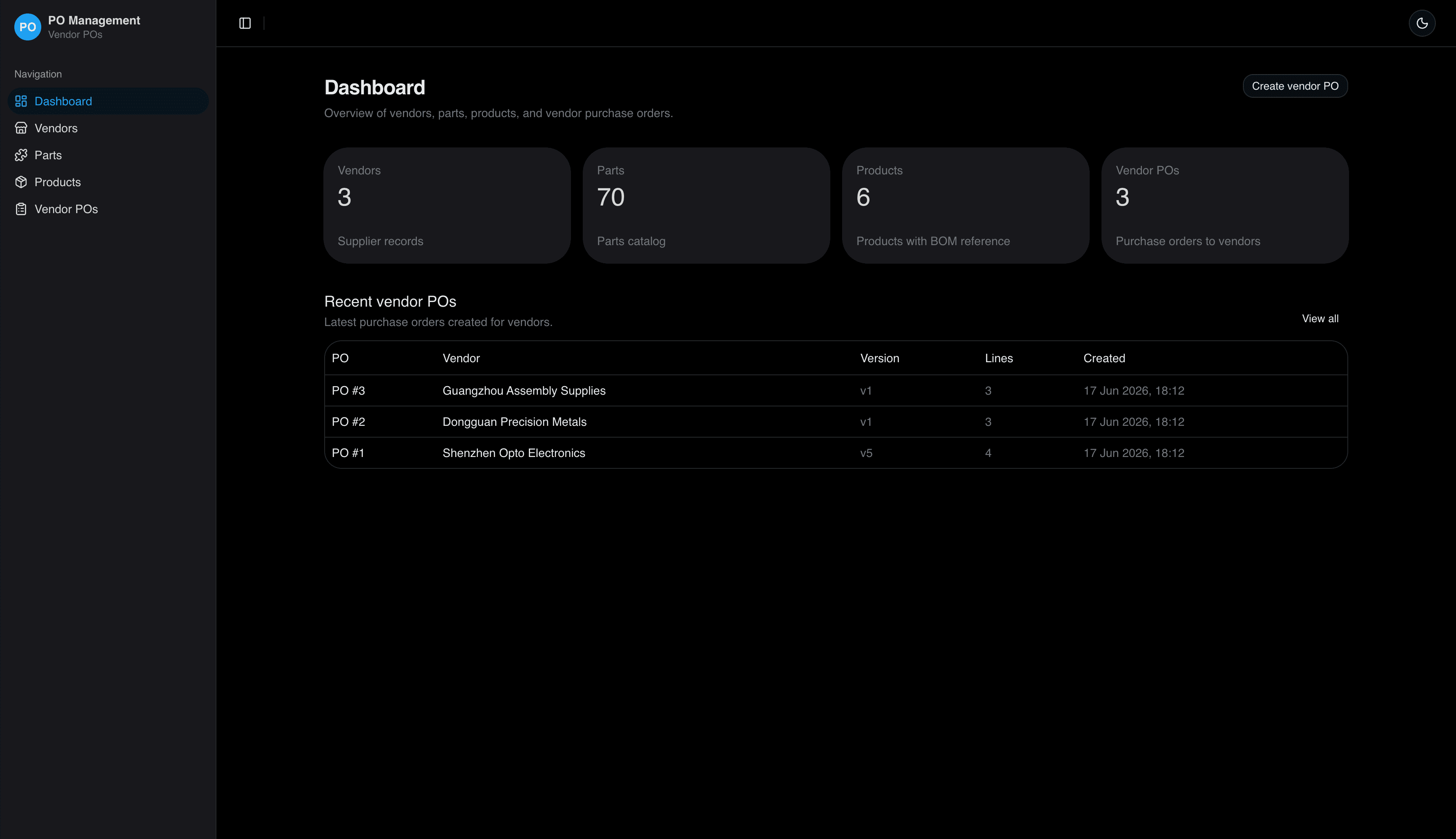 PO Management System screenshot